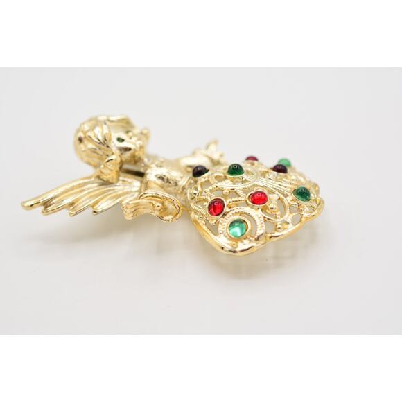 Tancer II Vintage Angel Pin Brooch Red Green Cabochon Christmas Signed Bin5B - Picture 10 of 12